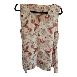 LOFT OUTLET SLEEVELESS FLORAL TOP SIZE LARGE WHITE ORANGE SHELL VNECK WITH TIES